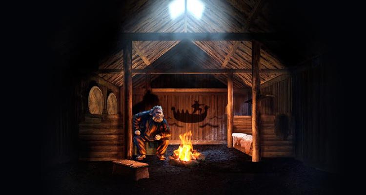 An illustration of a storyteller sitting around a fire in a longhouse.