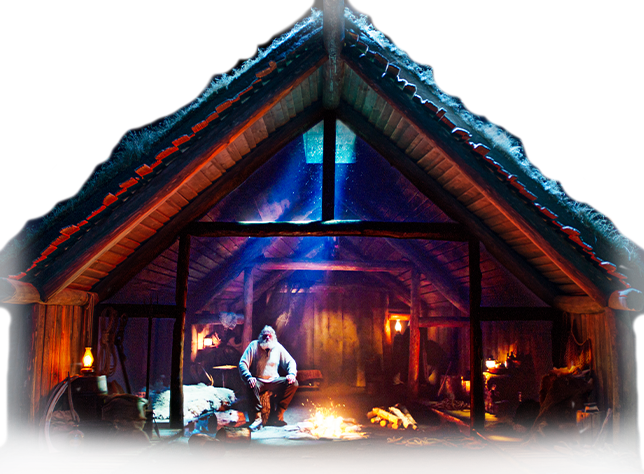 Illustration of an Icelandic storyteller sitting by a fire inside the Longhouse