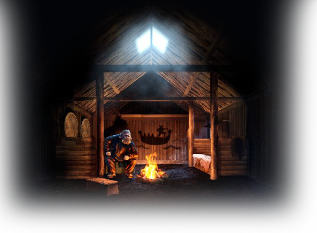 Illustration of an Icelandic storyteller sitting by a fire inside the Longhouse