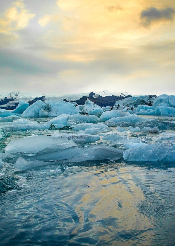 Broken ice pieces float on water below mountains on the horizon