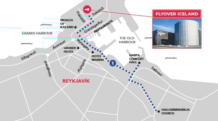 Map of area surrounding FlyOver Iceland.