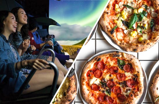 A split image, with FlyOver Iceland riders on the left, and pizzas on the right.