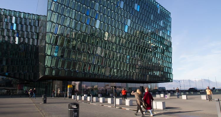 The glass walled Harpa concert Hall on the Reykjavík shore.