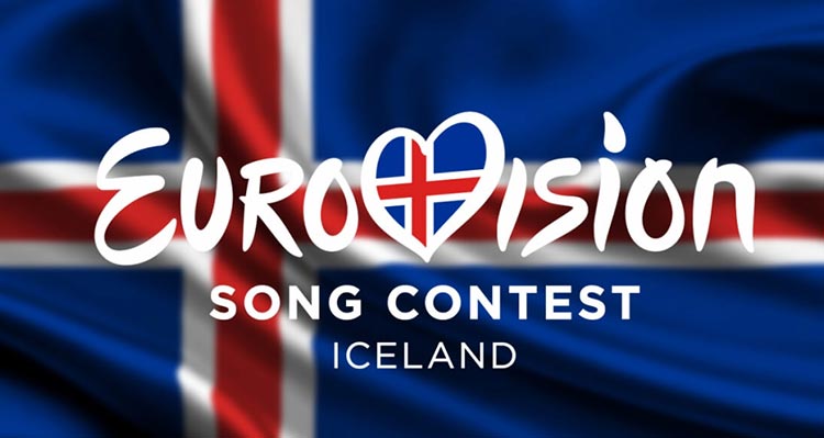 A flag of Iceland with the words Eurovision Song Contest Iceland in front of it
