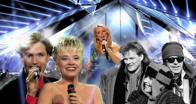 A collage of different Eurovision singers throughout time, stage in the background