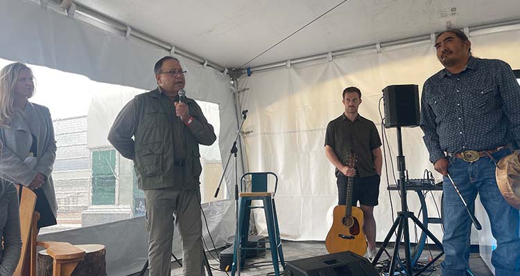 Piikani Elder Harley Bastien speaks to the crowd at the launch of FlyOver Canada's Windborne: Call of the Canadian Rockies.