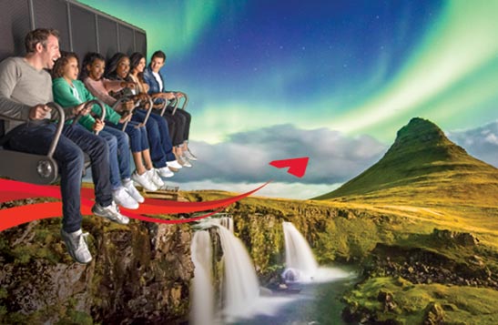 A group of people sit on a flight ride superimposed over an ocean scene.