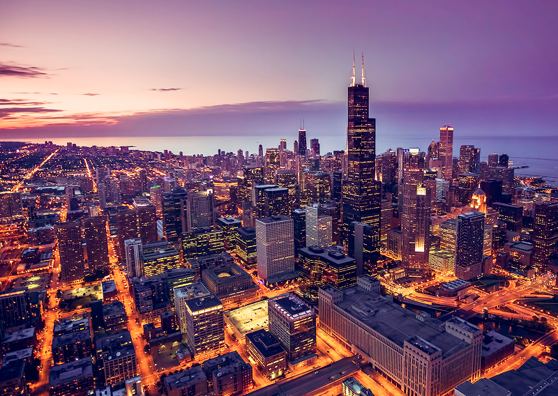 Views of Iceland and Chicago in one split image